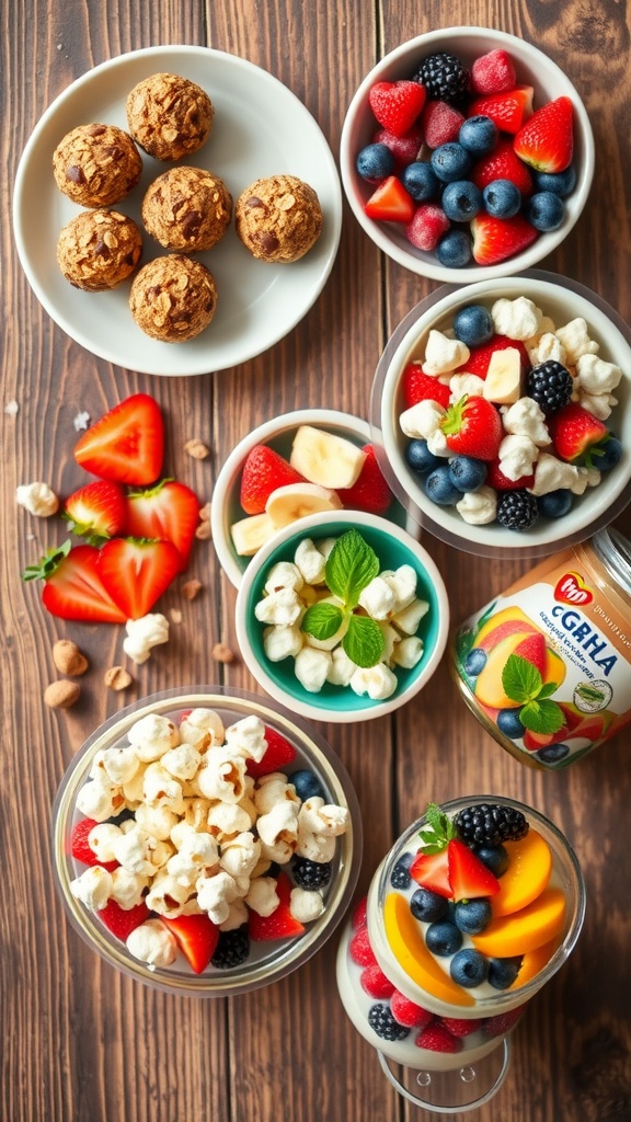 A variety of healthy snacks including energy bites, fruit salad, popcorn, and yogurt parfait on a wooden table.